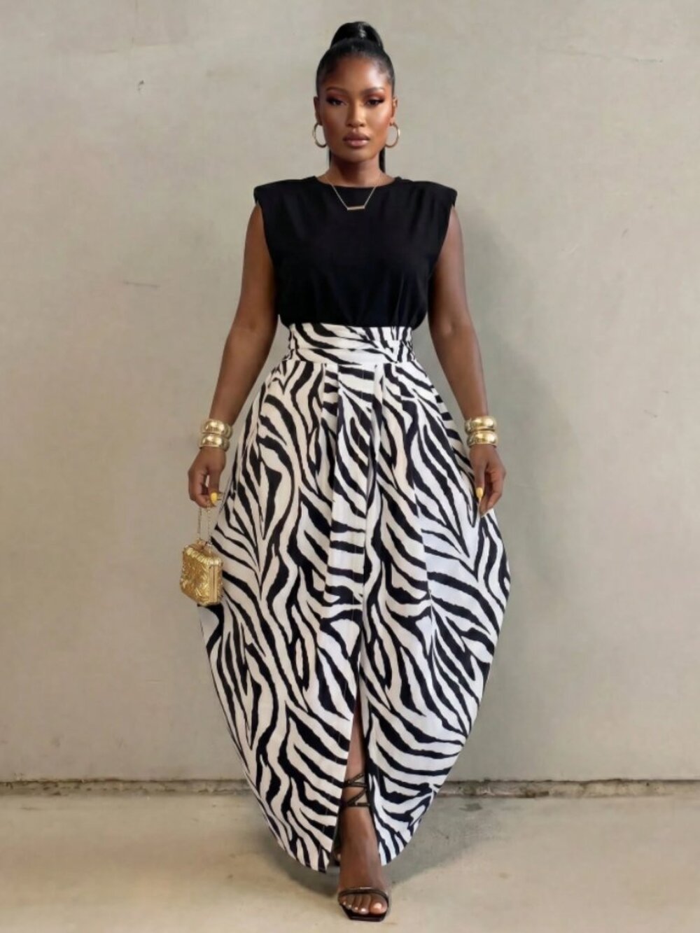 Imani Zebra Print Front Slit Banded Maxi Skirt